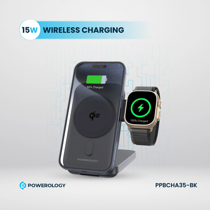 Stay charged with the Powerology Qi2 15W MagSafe Power Bank. This power bank is available in black and supports wireless charging with a maximum outpu