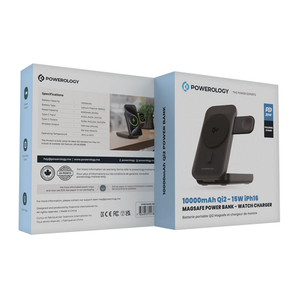 Stay charged with the Powerology Qi2 15W MagSafe Power Bank. This power bank is available in black and supports wireless charging with a maximum outpu