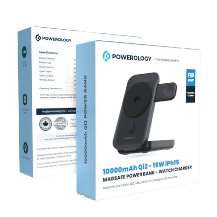 Stay charged with the Powerology Qi2 15W MagSafe Power Bank. This power bank is available in black and supports wireless charging with a maximum outpu
