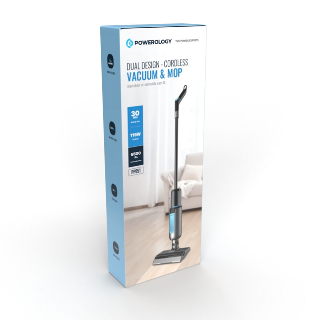 The Powerology Dual Design Cordless Vacuum &amp; Mop Black combines the power of vacuuming and mopping into one handy device, ideally suited to keepin