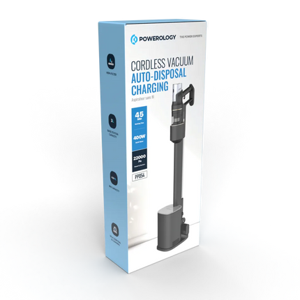 The Powerology Cordless Vacuum with Auto-Disposal Charging is a new definition of cleaning convenience. An integrated, robust 400W BLDC motor has an i
