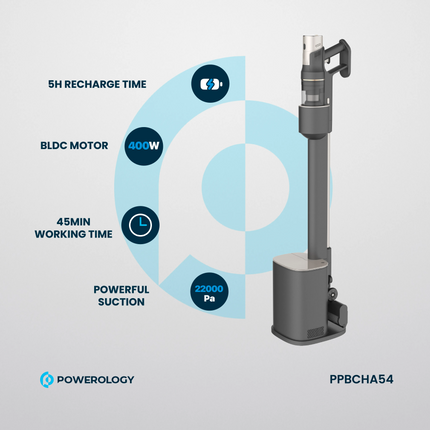 The Powerology Cordless Vacuum with Auto-Disposal Charging is a new definition of cleaning convenience. An integrated, robust 400W BLDC motor has an i