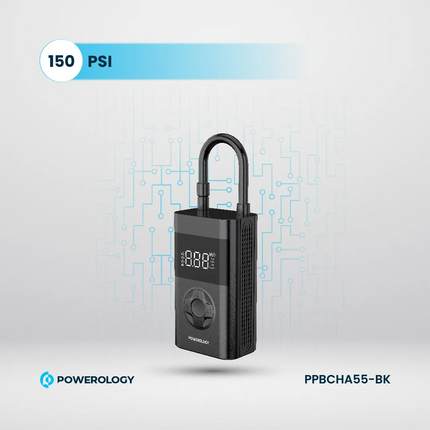 The Powerology Ultra Portable Air Compressor Power Bank is a compact tire inflator that can effortlessly inflate your flat tire. This device can detec