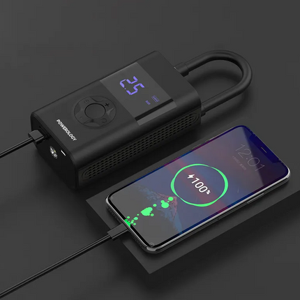 The Powerology Ultra Portable Air Compressor Power Bank is a compact tire inflator that can effortlessly inflate your flat tire. This device can detec
