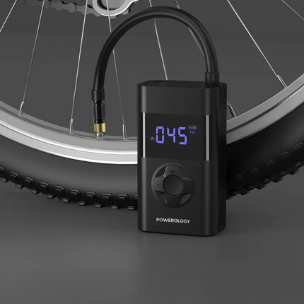 The Powerology Ultra Portable Air Compressor Power Bank is a compact tire inflator that can effortlessly inflate your flat tire. This device can detec