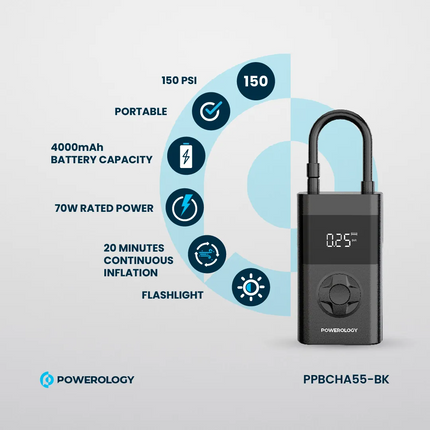 The Powerology Ultra Portable Air Compressor Power Bank is a compact tire inflator that can effortlessly inflate your flat tire. This device can detec