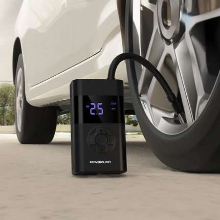 The Powerology Ultra Portable Air Compressor Power Bank is a compact tire inflator that can effortlessly inflate your flat tire. This device can detec