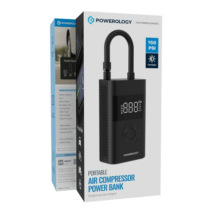 The Powerology Ultra Portable Air Compressor Power Bank is a compact tire inflator that can effortlessly inflate your flat tire. This device can detec