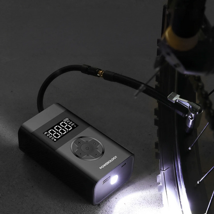 The Powerology Ultra Portable Air Compressor Power Bank is a compact tire inflator that can effortlessly inflate your flat tire. This device can detec
