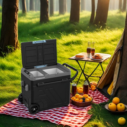 Take your on-the-go cooling to the next level with the Powerology Dual Compartment Smart Fridge and Freezer, a cutting-edge solution designed for port