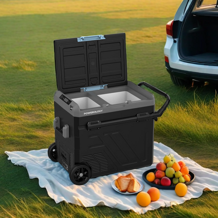 Take your on-the-go cooling to the next level with the Powerology Dual Compartment Smart Fridge and Freezer, a cutting-edge solution designed for port