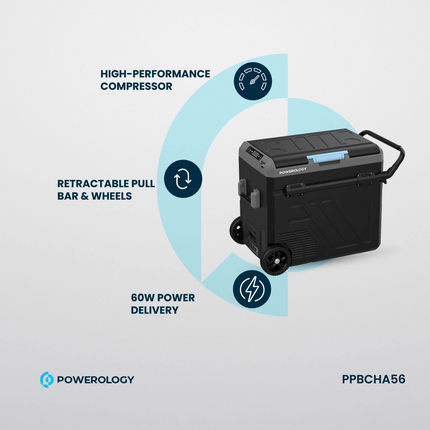Take your on-the-go cooling to the next level with the Powerology Dual Compartment Smart Fridge and Freezer, a cutting-edge solution designed for port