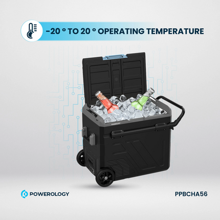 Take your on-the-go cooling to the next level with the Powerology Dual Compartment Smart Fridge and Freezer, a cutting-edge solution designed for port