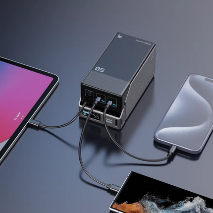 Powerology 50000mAh Power Bank 65W is a powerhouse that keeps all devices charged and ready anywhere. The massive capacity of 185Wh, coupled with adva