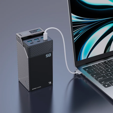 Powerology 50000mAh Power Bank 65W is a powerhouse that keeps all devices charged and ready anywhere. The massive capacity of 185Wh, coupled with adva