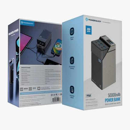 Powerology 50000mAh Power Bank 65W is a powerhouse that keeps all devices charged and ready anywhere. The massive capacity of 185Wh, coupled with adva