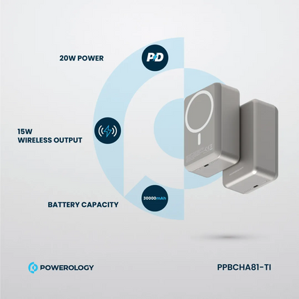 The Powerology 30000mAh MagSafe Aluminum Power Bank is a power and portable solution for charging-in-motion. The 30000mAh Li-Polymer battery is high c