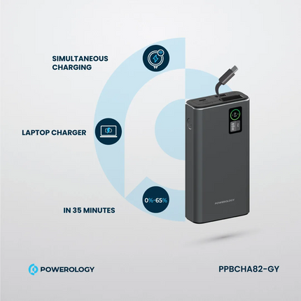 The Powerology Aluminum 20000mAh Power Bank is a strong and adaptable power supply to charge devices anywhere. A massive 20000mAh battery packs inside