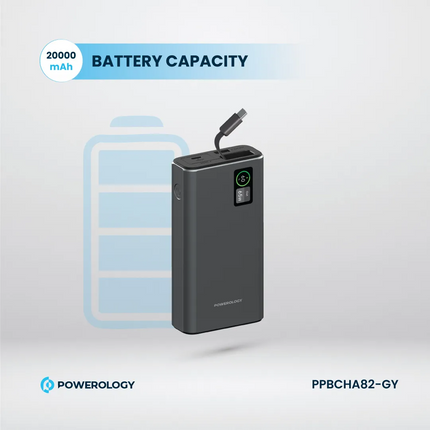 The Powerology Aluminum 20000mAh Power Bank is a strong and adaptable power supply to charge devices anywhere. A massive 20000mAh battery packs inside