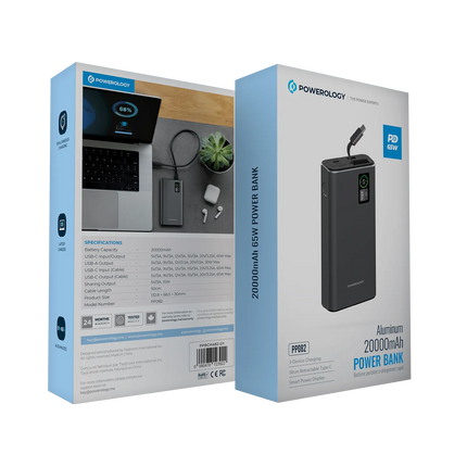 The Powerology Aluminum 20000mAh Power Bank is a strong and adaptable power supply to charge devices anywhere. A massive 20000mAh battery packs inside