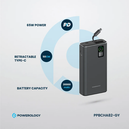 The Powerology Aluminum 20000mAh Power Bank is a strong and adaptable power supply to charge devices anywhere. A massive 20000mAh battery packs inside