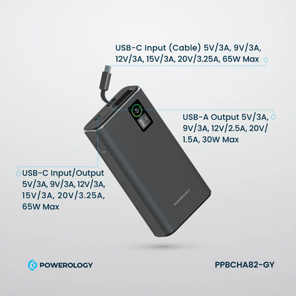 The Powerology Aluminum 20000mAh Power Bank is a strong and adaptable power supply to charge devices anywhere. A massive 20000mAh battery packs inside