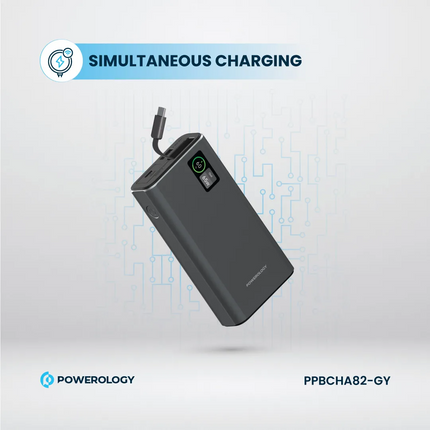 The Powerology Aluminum 20000mAh Power Bank is a strong and adaptable power supply to charge devices anywhere. A massive 20000mAh battery packs inside