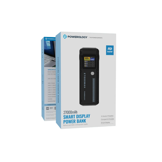 The Powerology 27000mAh Smart Display Power Bank has high-charging power with its 27000mAh capacity and an overall output of up to 140W. It features t
