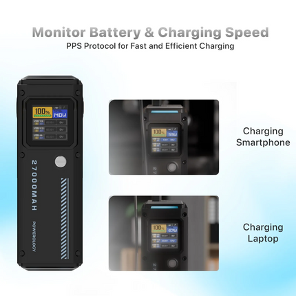 The Powerology 27000mAh Smart Display Power Bank has high-charging power with its 27000mAh capacity and an overall output of up to 140W. It features t