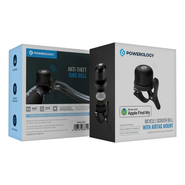 The Powerology Bicycle and Scooter Bell with Airtag Mount is a clever and practical device for cyclists and scooter riders. Powered by a 210mAh CR2032