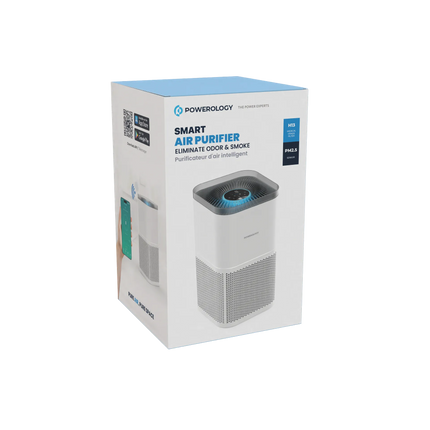 The White Powerology Smart Air Purifier Eliminates Odor &amp; Smoke and offers advanced air purification for a healthier environment. The input voltag