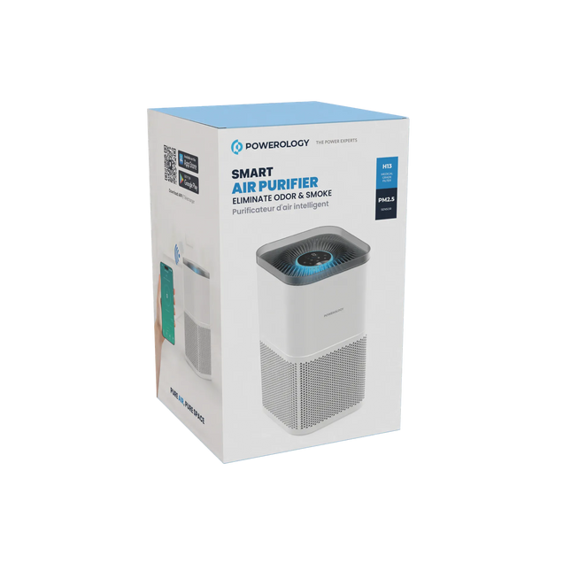 The White Powerology Smart Air Purifier Eliminates Odor &amp; Smoke and offers advanced air purification for a healthier environment. The input voltag
