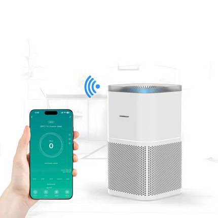 The White Powerology Smart Air Purifier Eliminates Odor &amp; Smoke and offers advanced air purification for a healthier environment. The input voltag