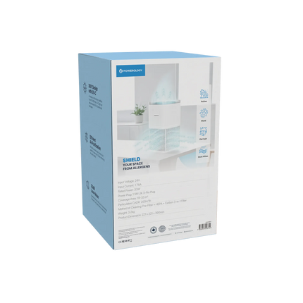 The White Powerology Smart Air Purifier Eliminates Odor &amp; Smoke and offers advanced air purification for a healthier environment. The input voltag
