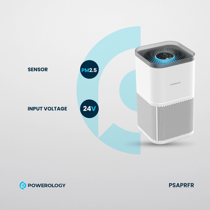 The White Powerology Smart Air Purifier Eliminates Odor &amp; Smoke and offers advanced air purification for a healthier environment. The input voltag