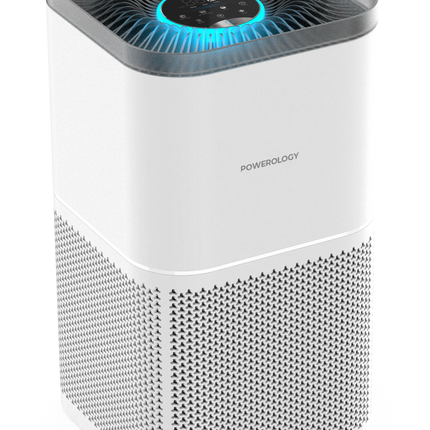 The White Powerology Smart Air Purifier Eliminates Odor &amp; Smoke and offers advanced air purification for a healthier environment. The input voltag