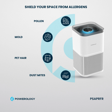 The White Powerology Smart Air Purifier Eliminates Odor &amp; Smoke and offers advanced air purification for a healthier environment. The input voltag