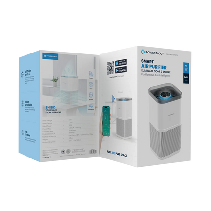 The White Powerology Smart Air Purifier Eliminates Odor &amp; Smoke and offers advanced air purification for a healthier environment. The input voltag