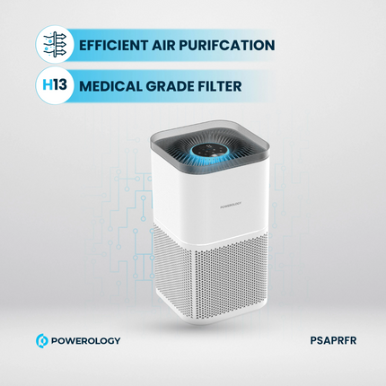 The White Powerology Smart Air Purifier Eliminates Odor &amp; Smoke and offers advanced air purification for a healthier environment. The input voltag