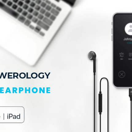 Mono earphone with smartphone app interface on a white background, featuring Powerology branding.