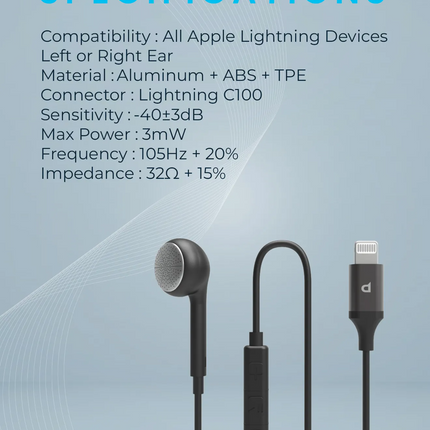 Specifications of a headphone with Apple Lightning connector on a blue gradient background