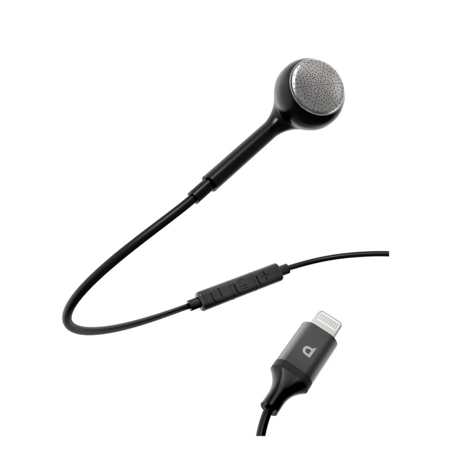 Black earbud with microphone and Lightning connector on a white background