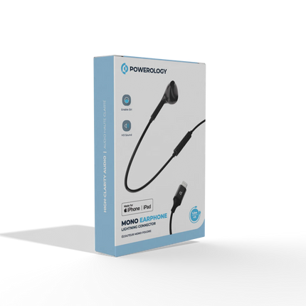 Box of Powerology mono earphone with lightning connector on a white background