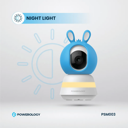 Blue night light with camera feature on a light gray background, branded as Powerology.