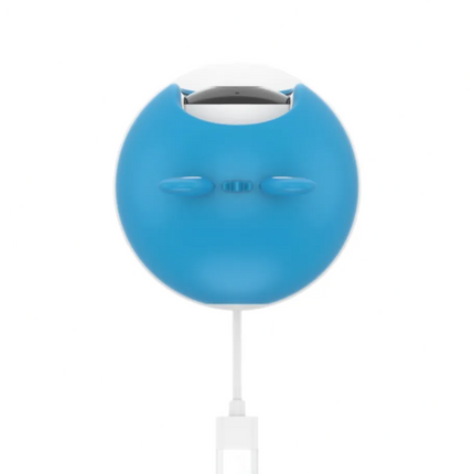 Blue electronic device with a white cable on a white background