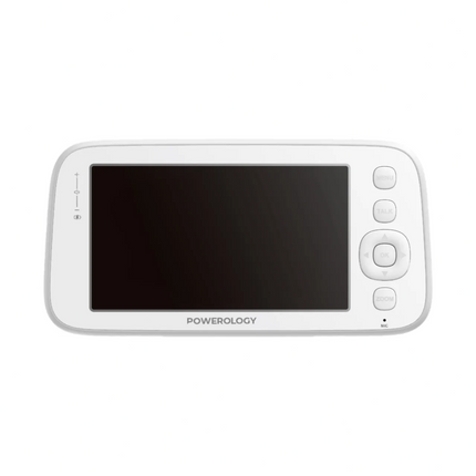 White electronic device with a screen and buttons on a white background, branded 'Powerology'.