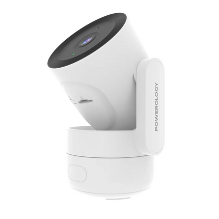 White security camera with black lens on a white background