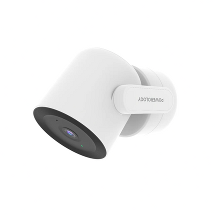 White security camera with 'POE' label on a white background