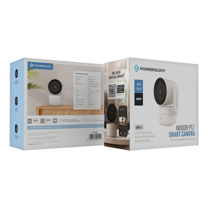 Powerology indoor smart camera packaging on a white background