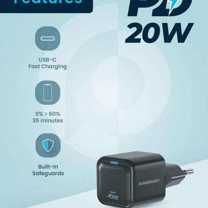 Powereology Ultra-Compact GaN Charger PD 20W – Black (EU Plug)